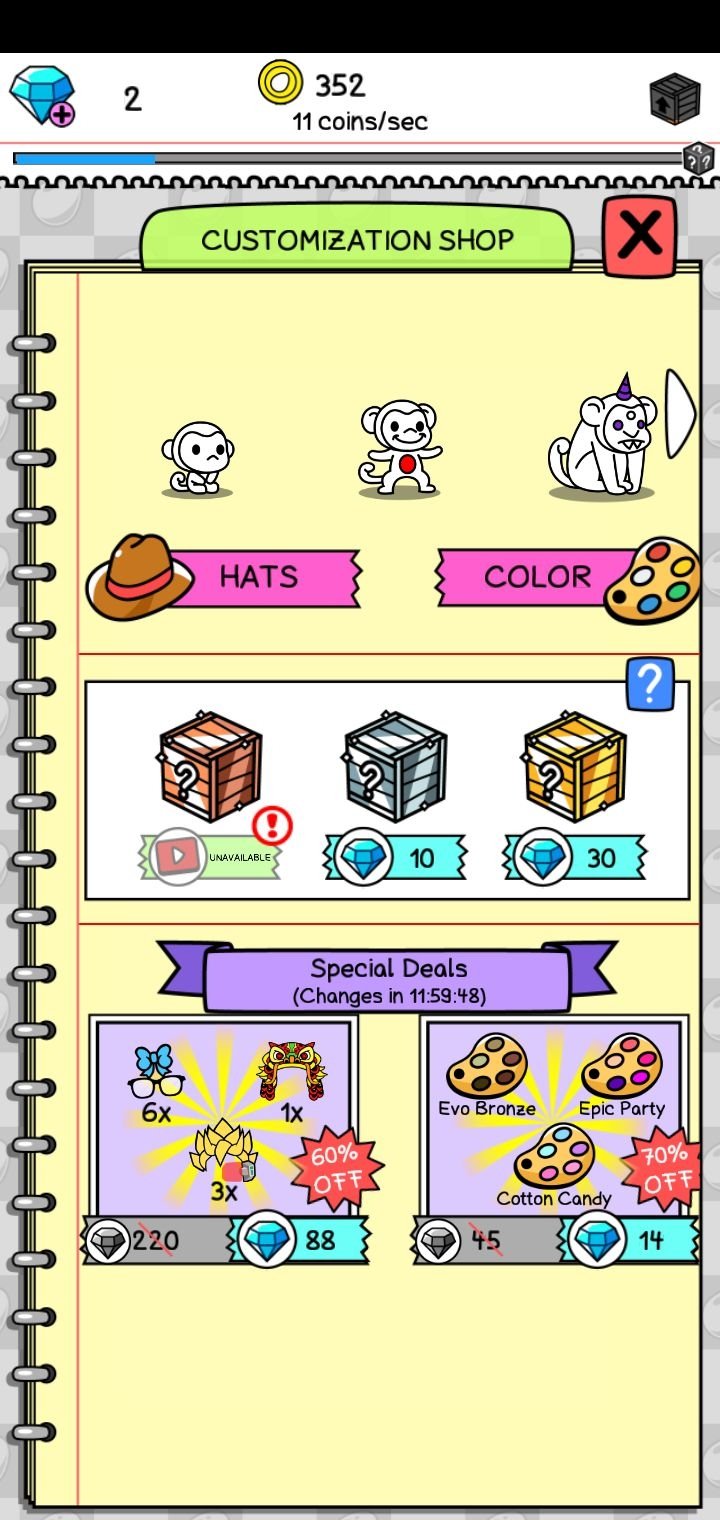 Monkey Evolution Customization Shop with hats, color palettes, and diamond crates