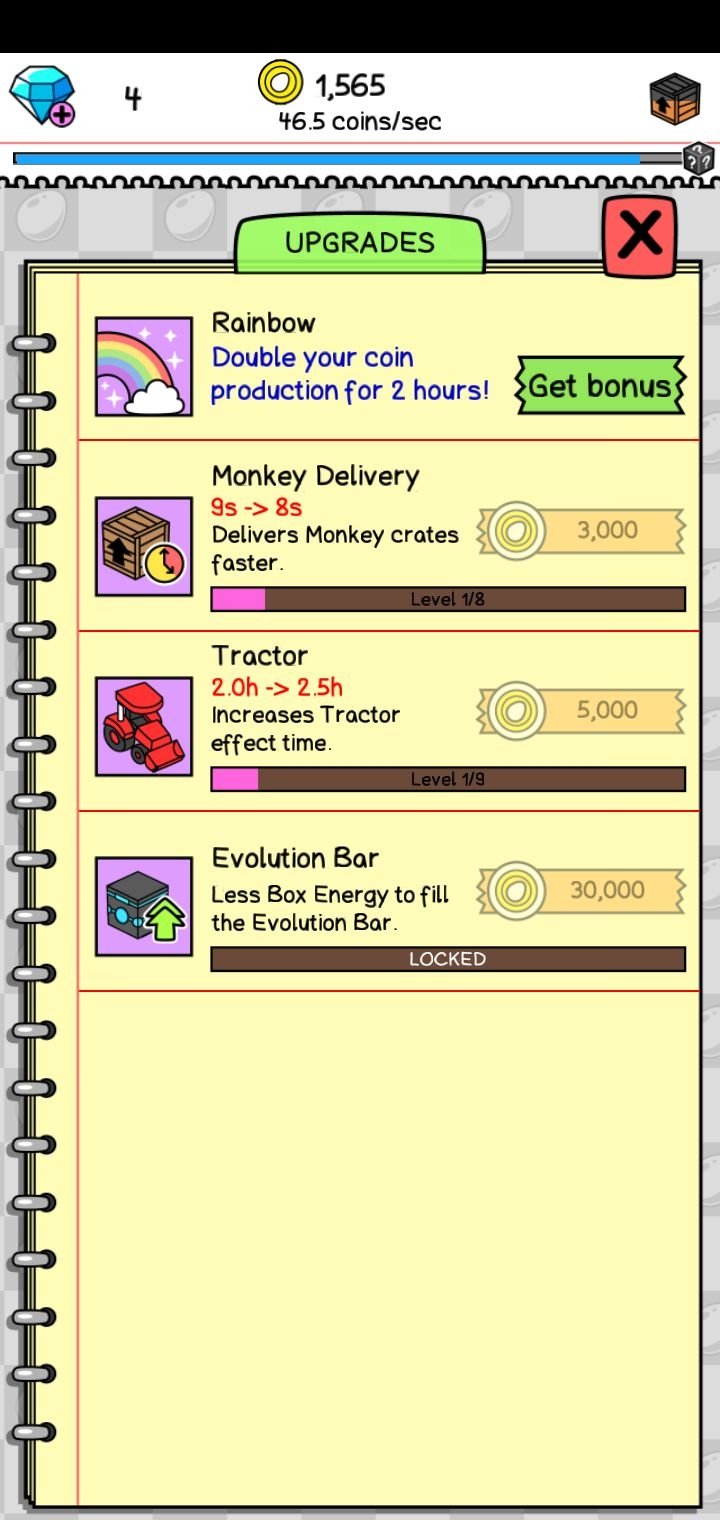 Monkey Evolution Upgrades screen showing Rainbow, Monkey Delivery, Tractor, and Evolution Bar