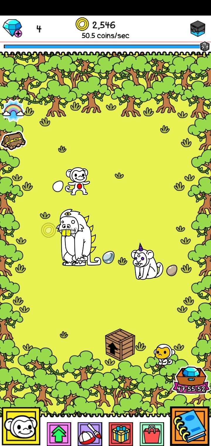 Jungle field with eggs beside mutated monkeys and a delivery crate
