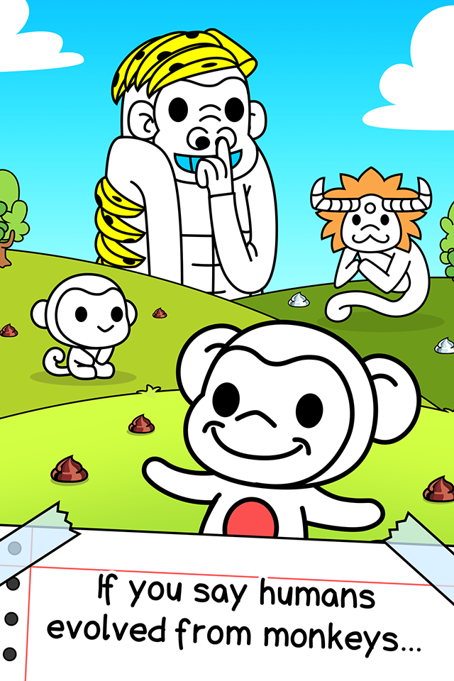 Monkey Evolution doodle monkeys, mutations, and coins on a grassy hill