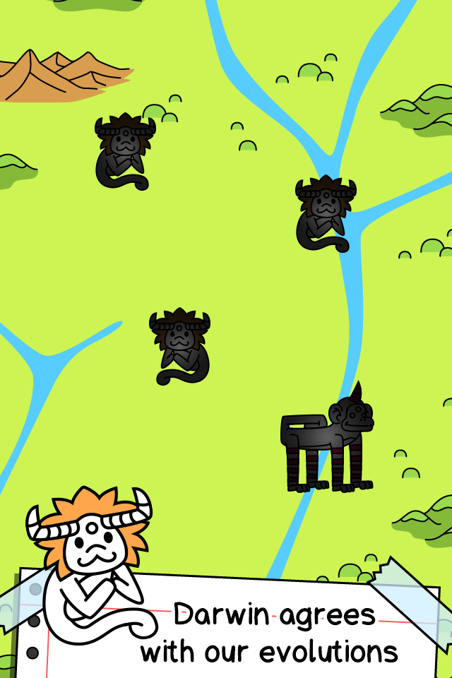 Later Monkey Evolution stage with horned dark apes beside a river